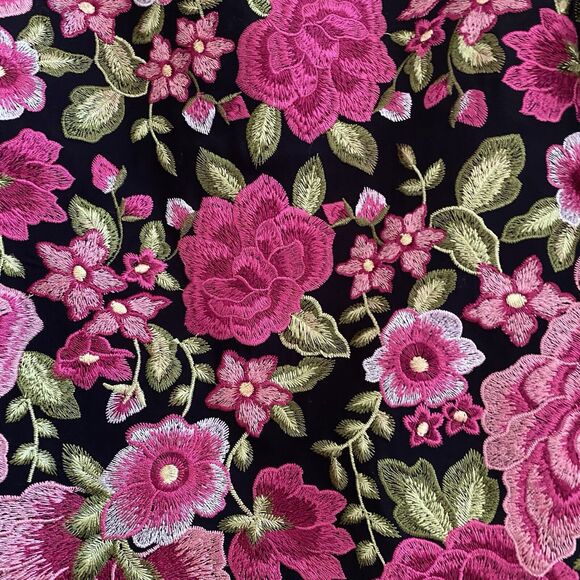 Karen Kane Embroidered Black Pink Floral 3/4 Sleeve Handkerchief Hem Top S - Picture 3 of 12